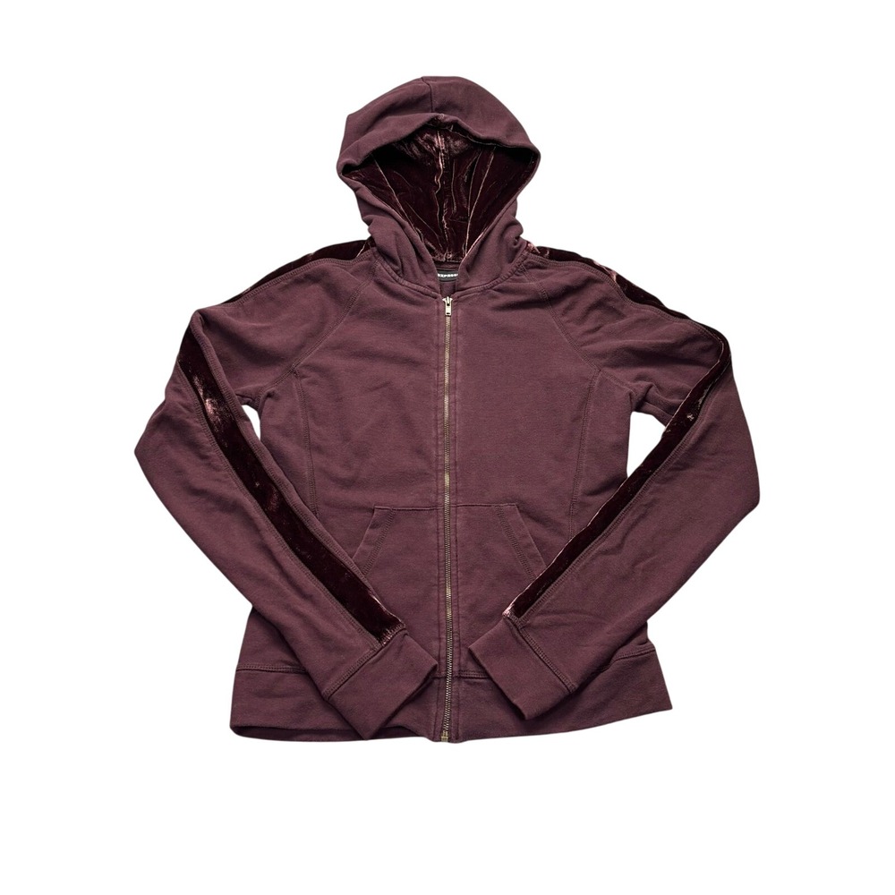 Express Velvet Trim Full Zip Hoodie Women's Small Burgundy Plum Velour Zip‎ Up